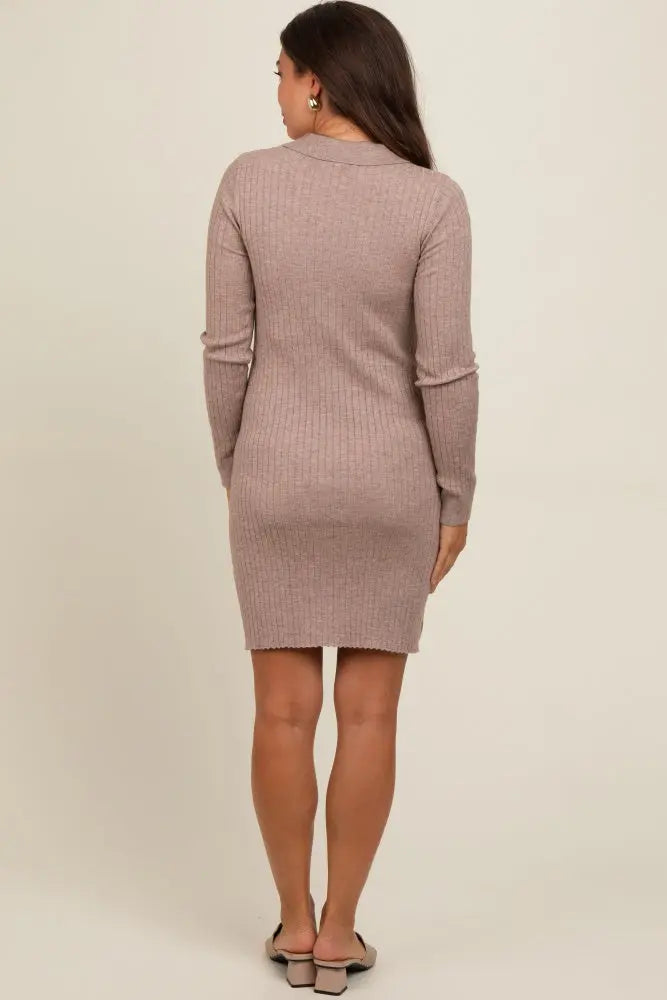 Mocha Ribbed Knit Henley Maternity Dress PinkBlush