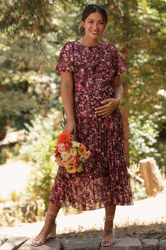 Brown Floral Pleated Maternity Midi Dress PinkBlush
