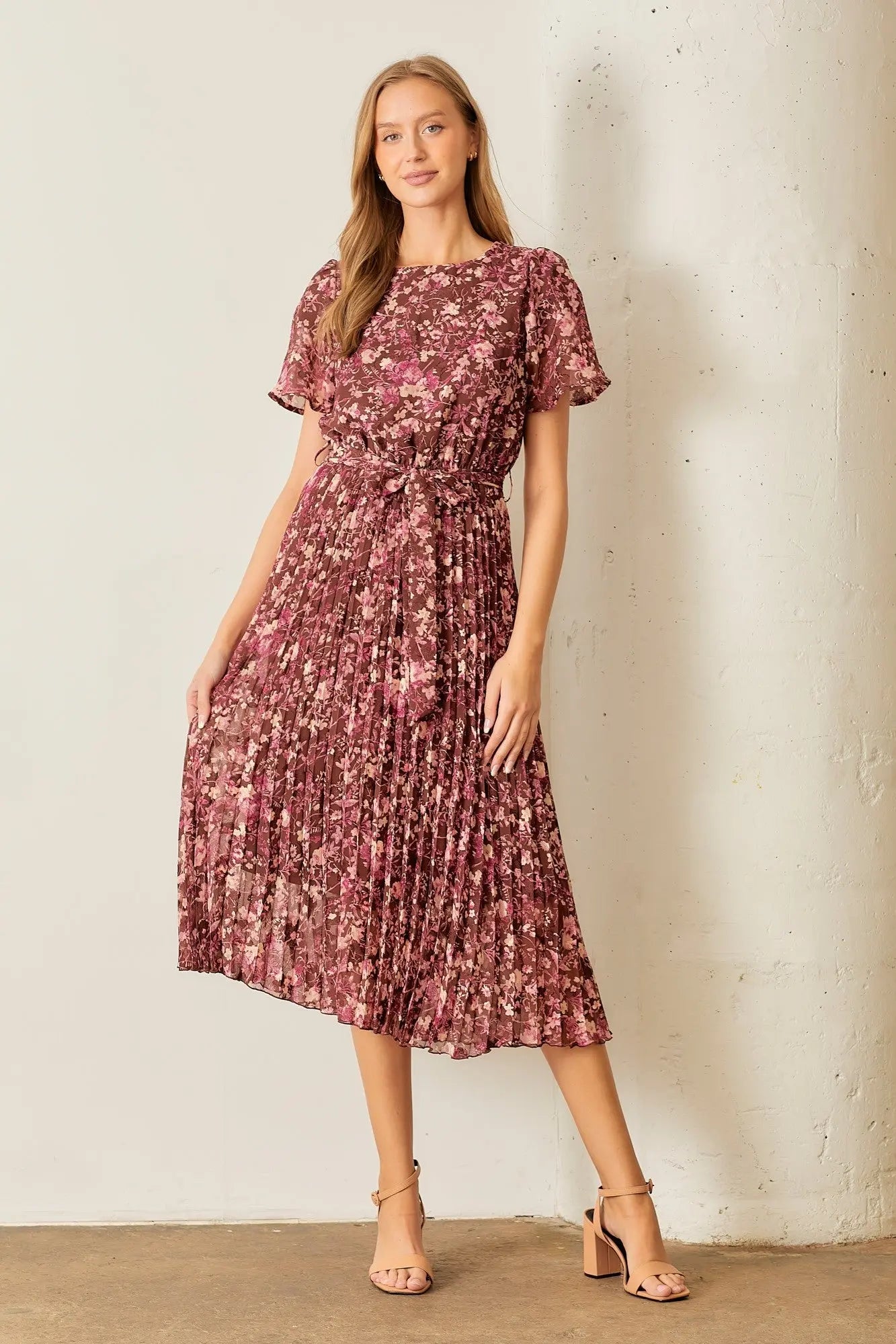 Brown Floral Pleated Midi Dress PinkBlush