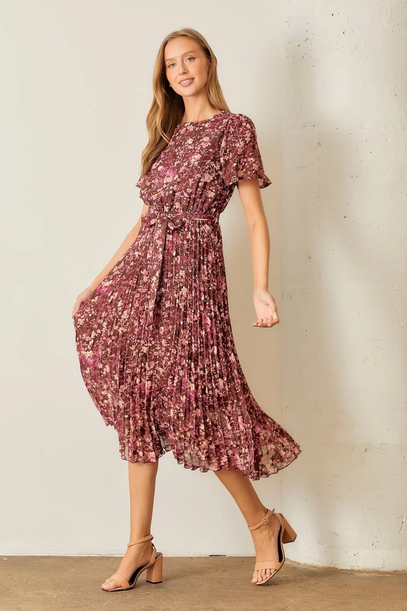 Brown Floral Pleated Midi Dress PinkBlush