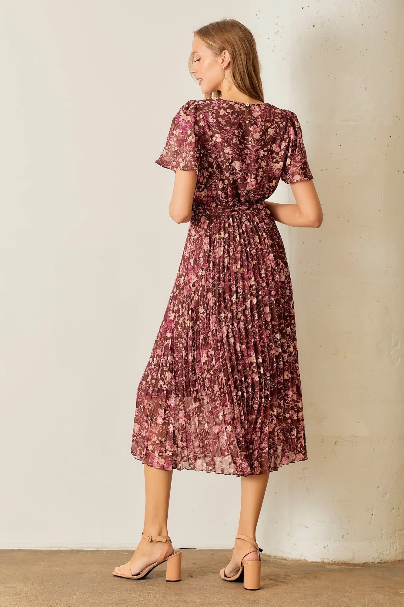 Brown Floral Pleated Midi Dress PinkBlush