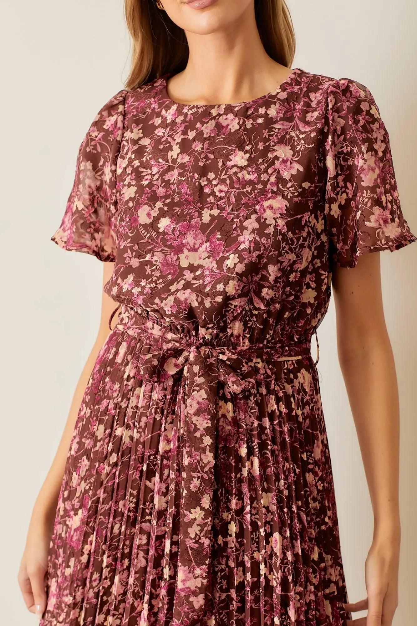 Brown Floral Pleated Midi Dress PinkBlush