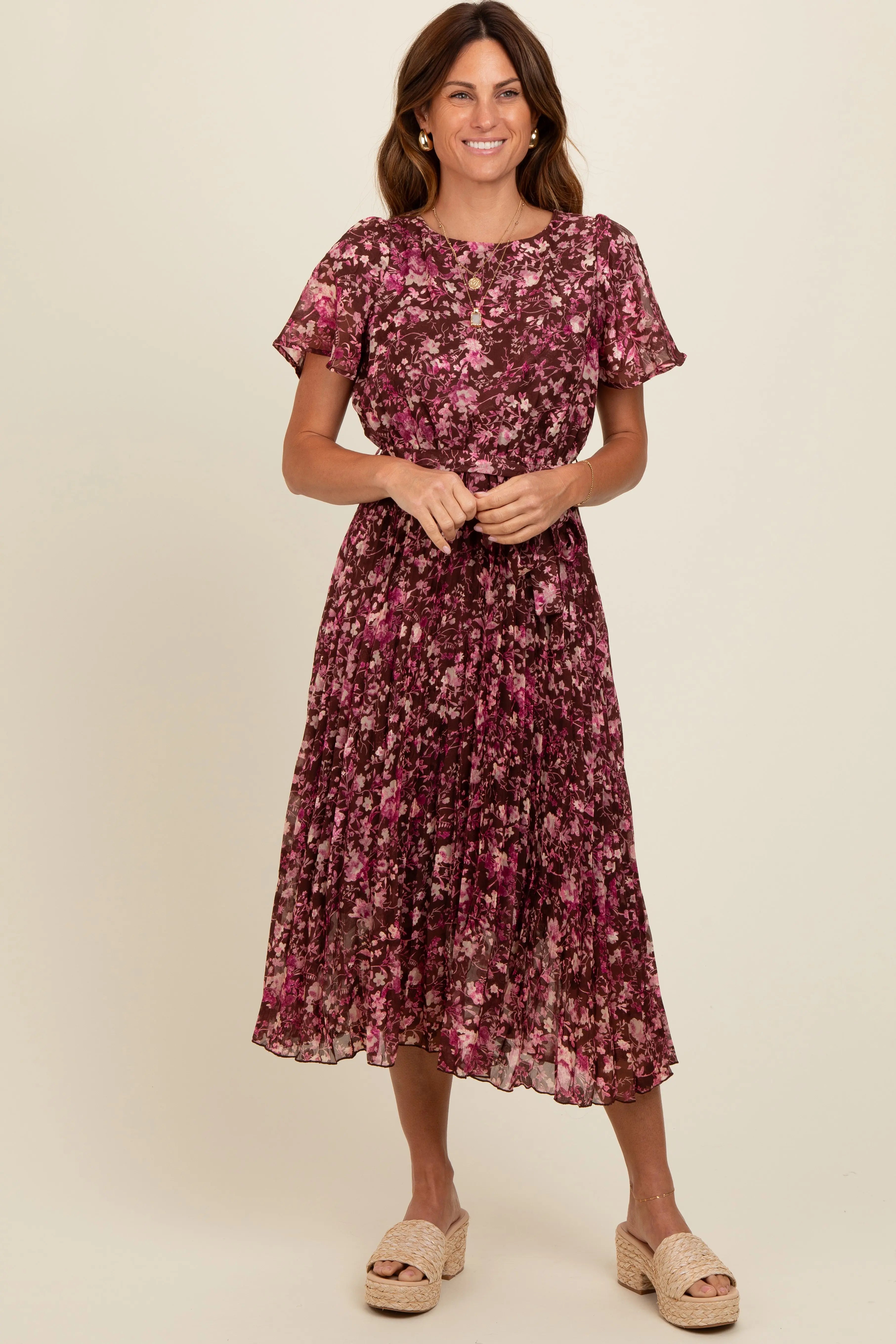 Brown Floral Pleated Midi Dress PinkBlush