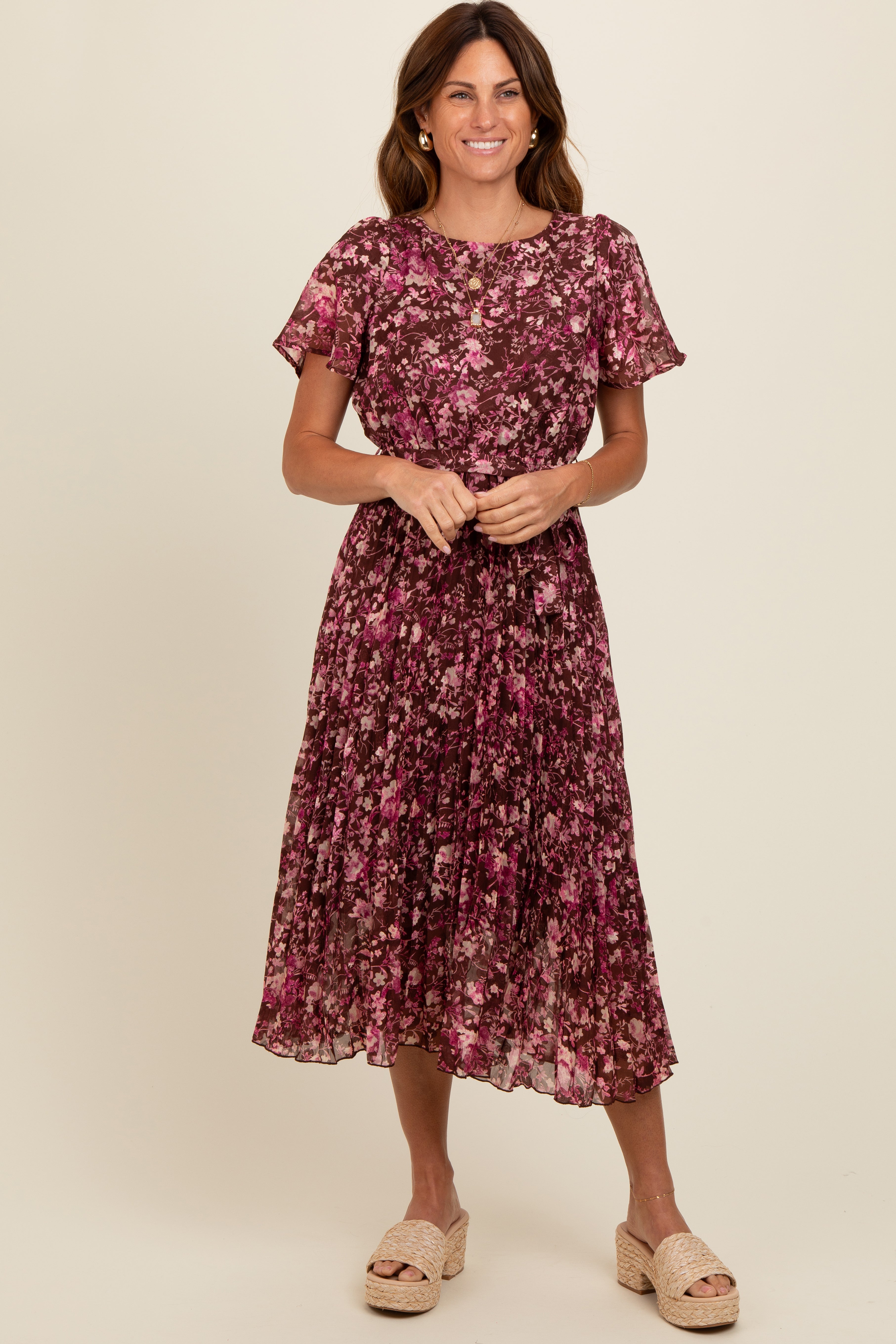Brown Floral Pleated Maternity Midi Dress PinkBlush