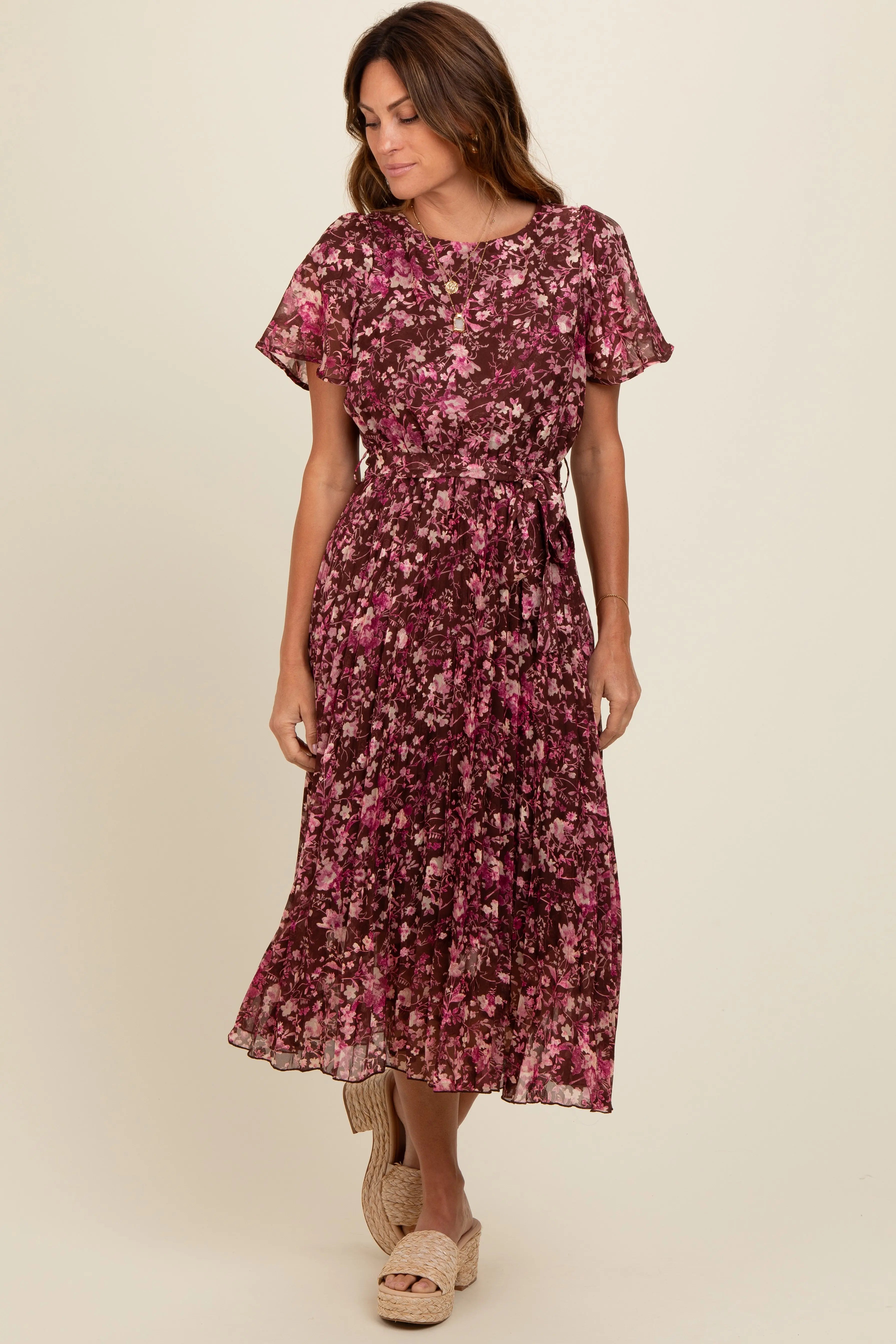 Brown Floral Pleated Midi Dress PinkBlush