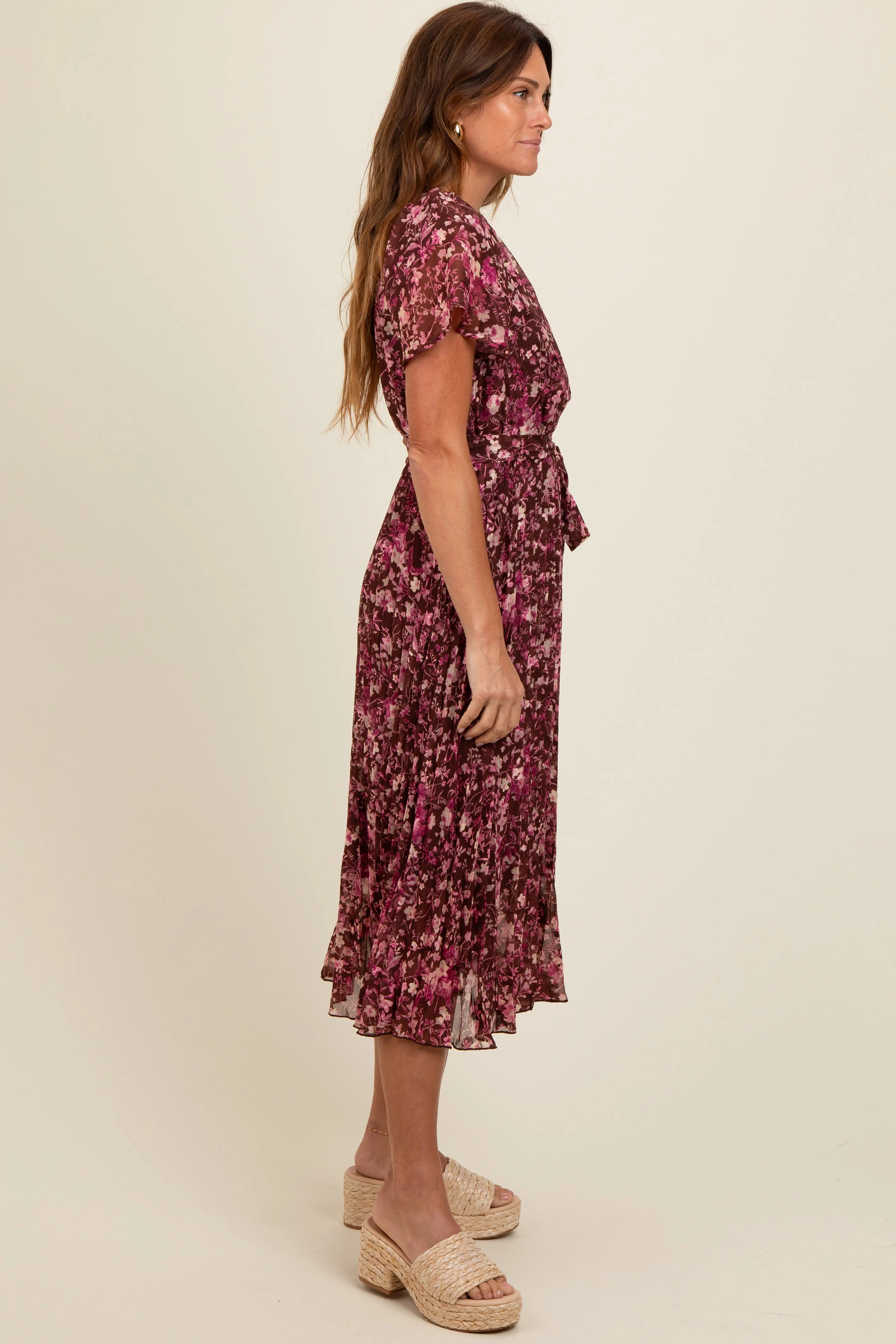 Brown Floral Pleated Midi Dress PinkBlush