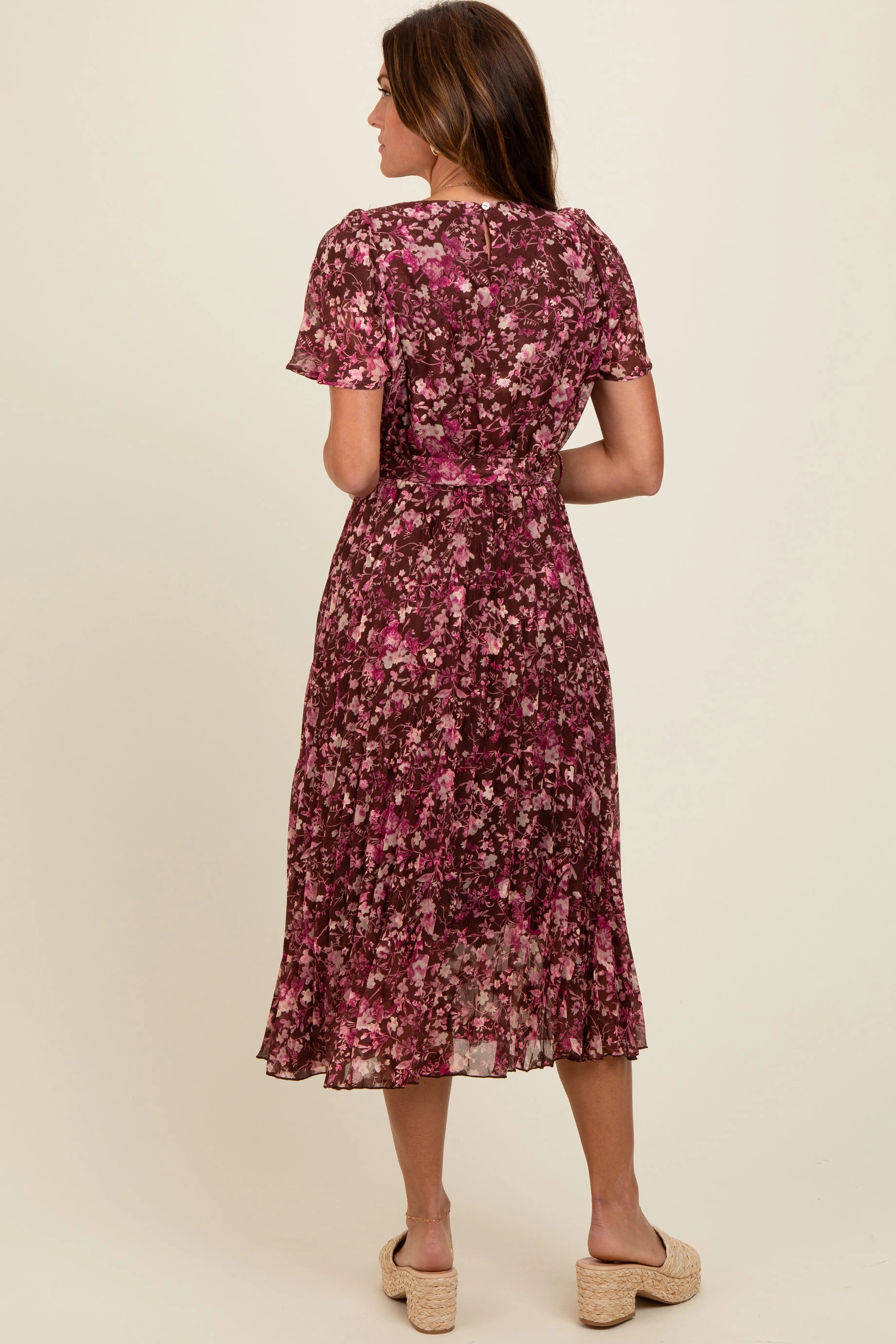 Brown Floral Pleated Midi Dress PinkBlush