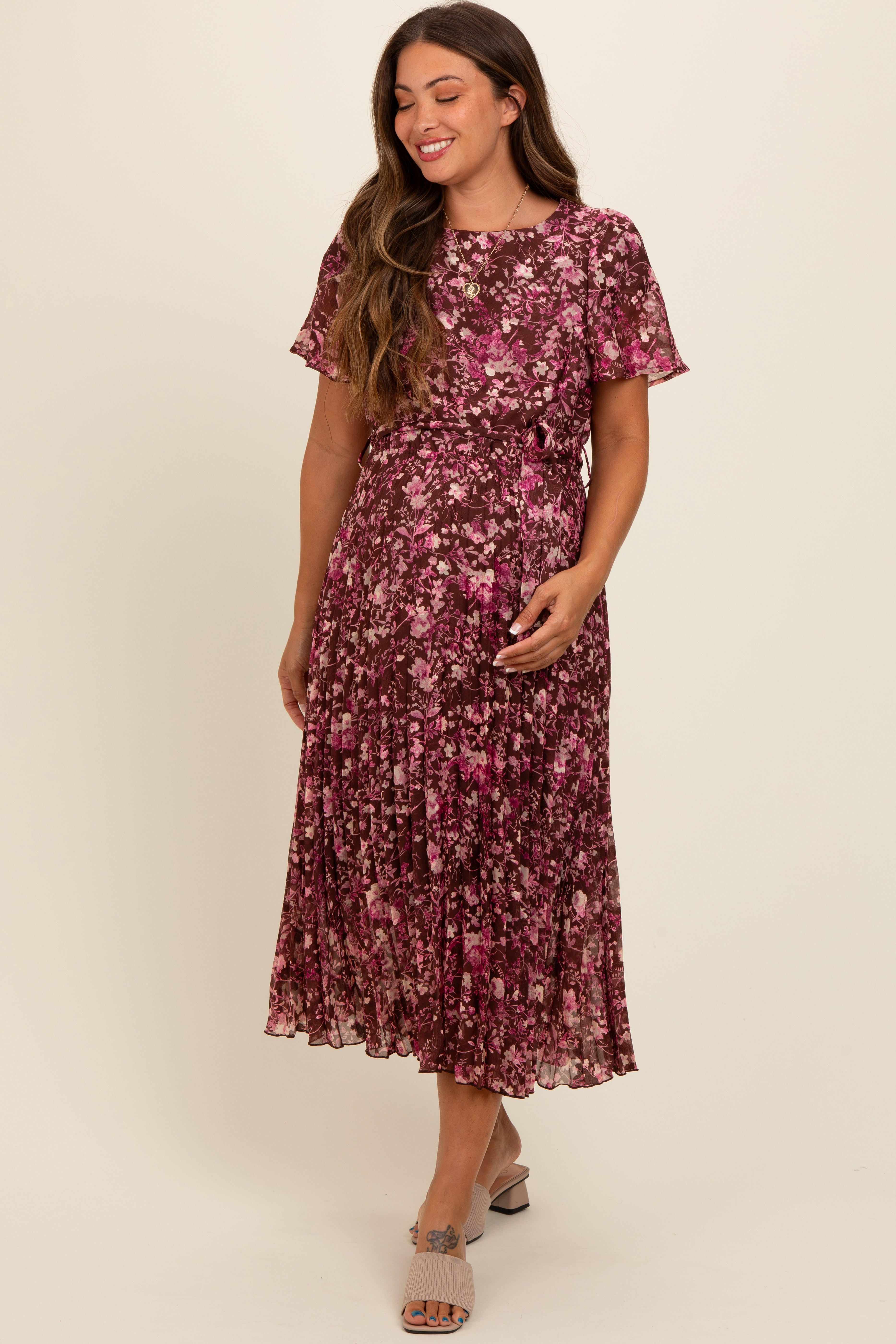 Brown Floral Pleated Maternity Midi Dress PinkBlush