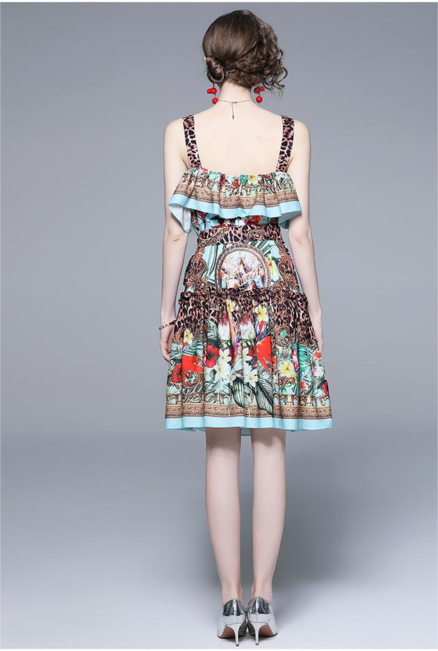 Women Summer Printed Daily Belted Cami A Line Knee Dress