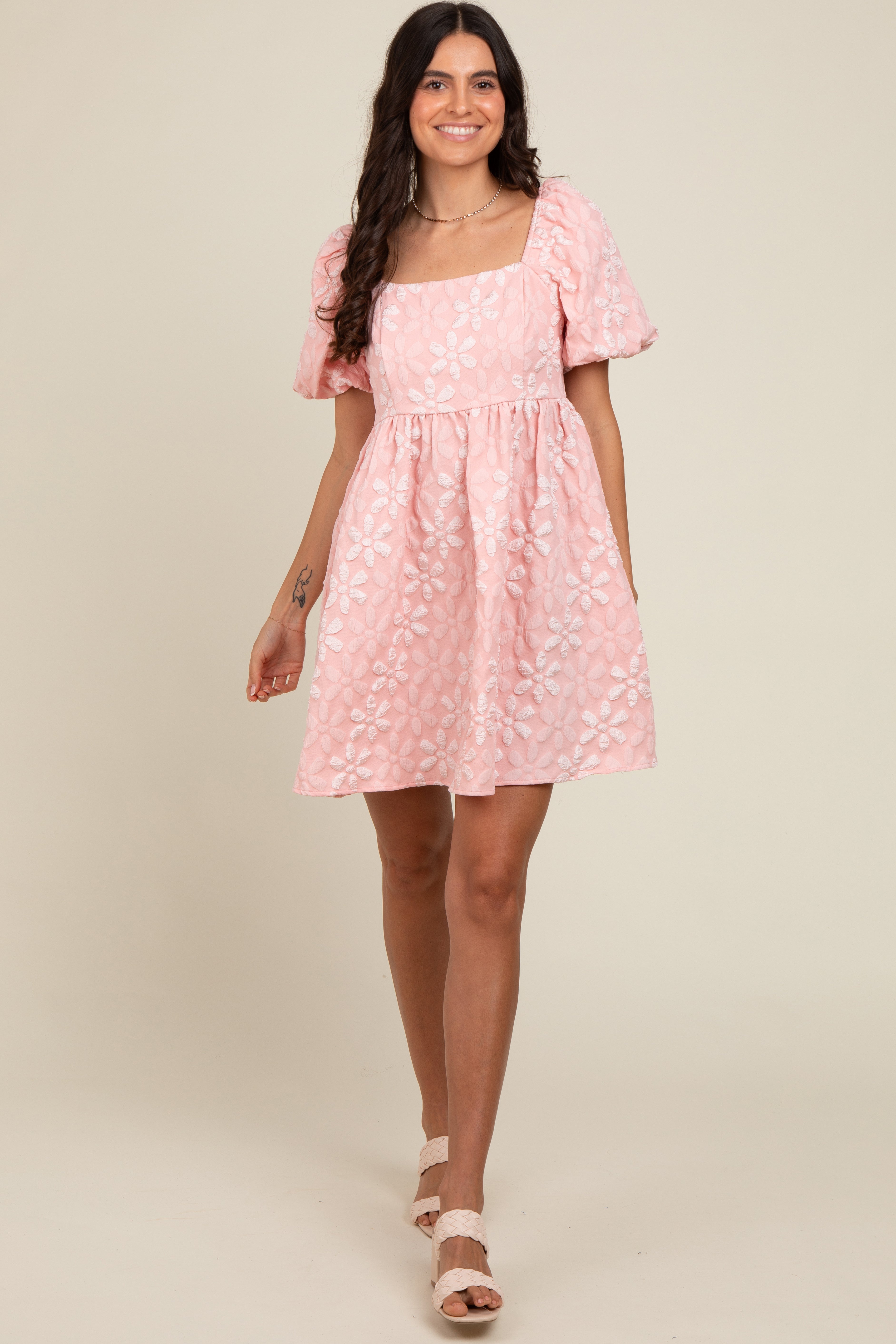 Blush Floral Embossed Puff Sleeve Dress PinkBlush