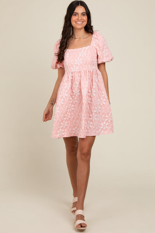 Blush Floral Embossed Puff Sleeve Dress PinkBlush