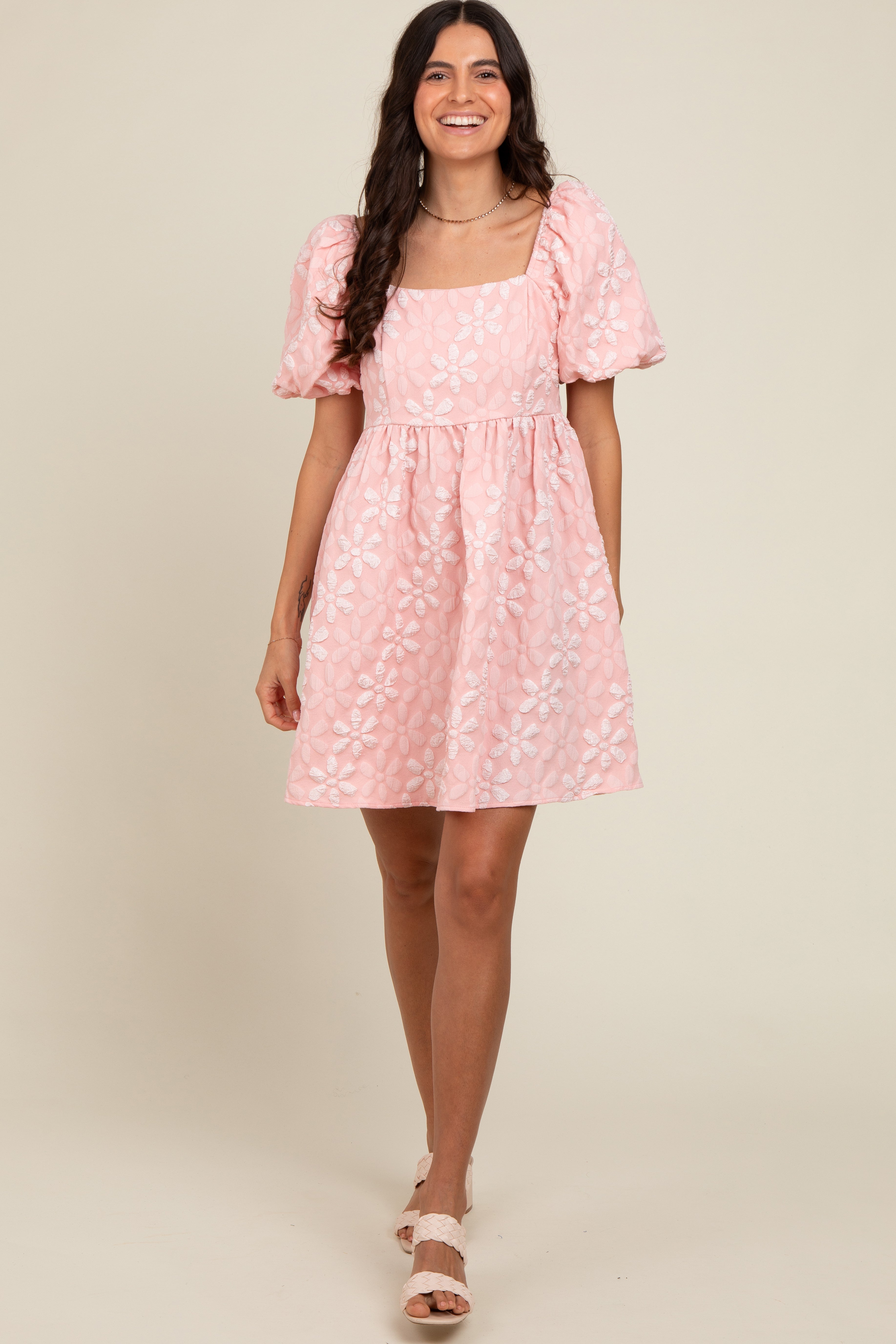 Blush Floral Embossed Puff Sleeve Dress PinkBlush