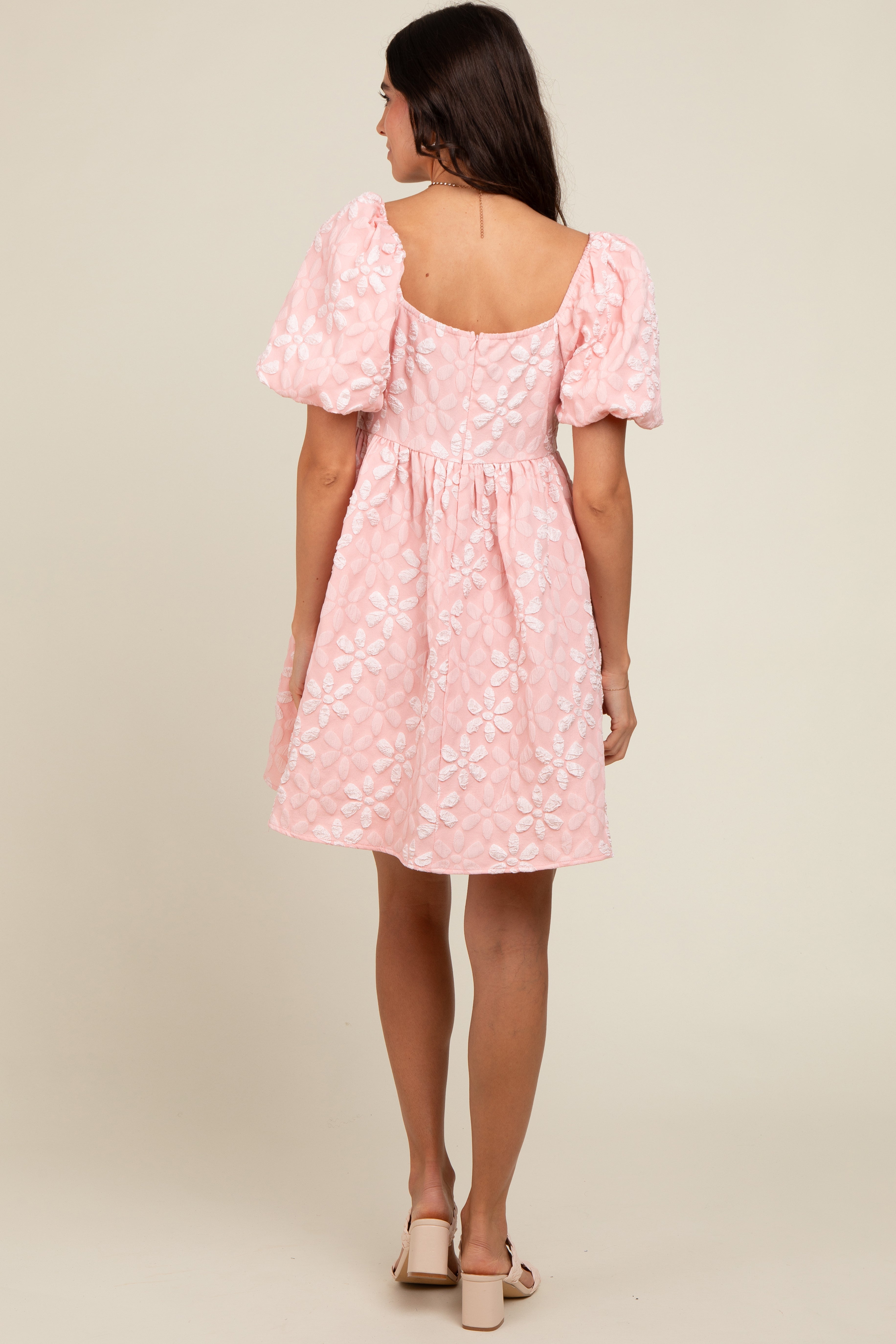 Blush Floral Embossed Puff Sleeve Dress PinkBlush