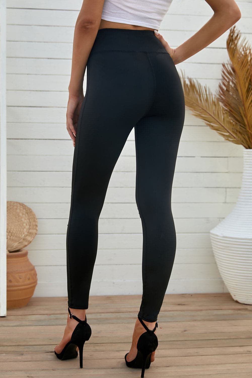 Double Take Wide Waistband Distressed Slim Fit Leggings.