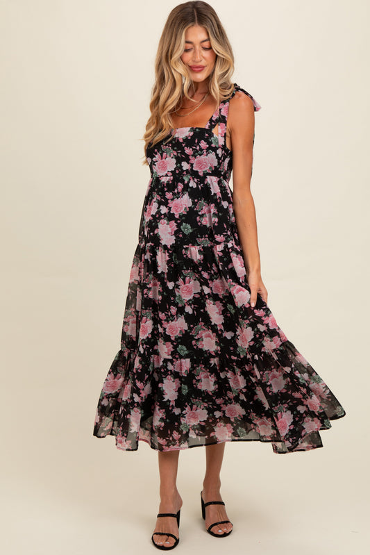 Black Floral Print Tie Strap Maternity Midi Dress PinkBlush