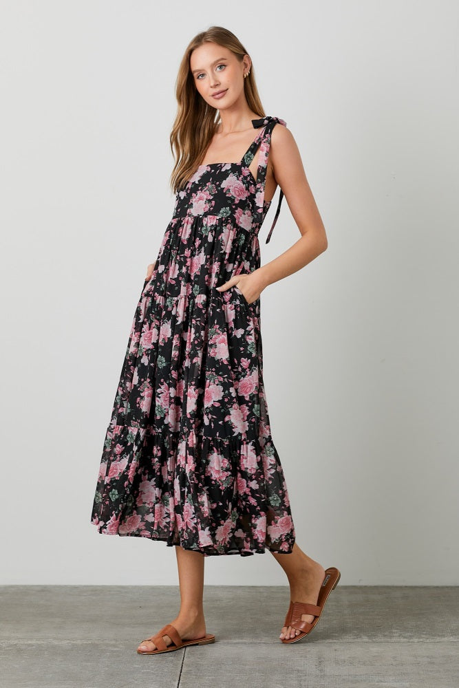 Black Floral Print Tie Strap Midi Dress PinkBlush