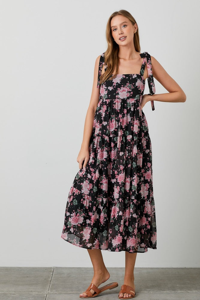 Black Floral Print Tie Strap Midi Dress PinkBlush