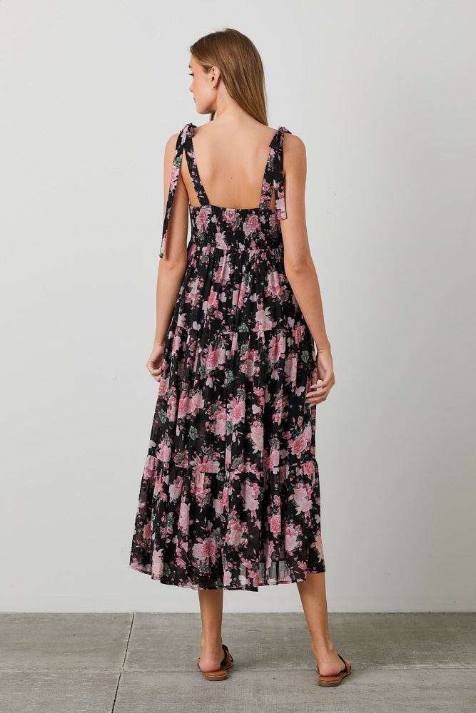 Black Floral Print Tie Strap Midi Dress PinkBlush