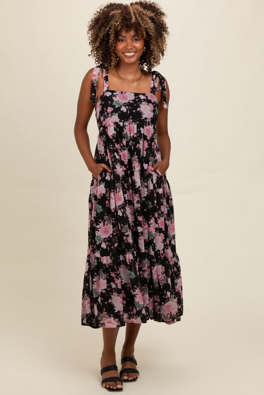 Black Floral Print Tie Strap Midi Dress PinkBlush