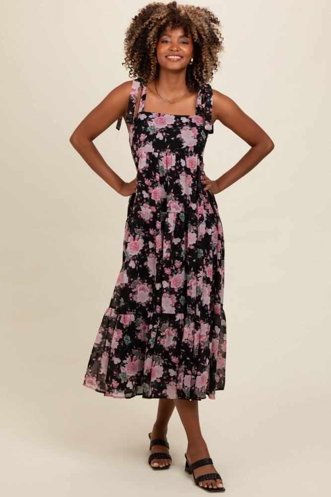 Black Floral Print Tie Strap Midi Dress PinkBlush