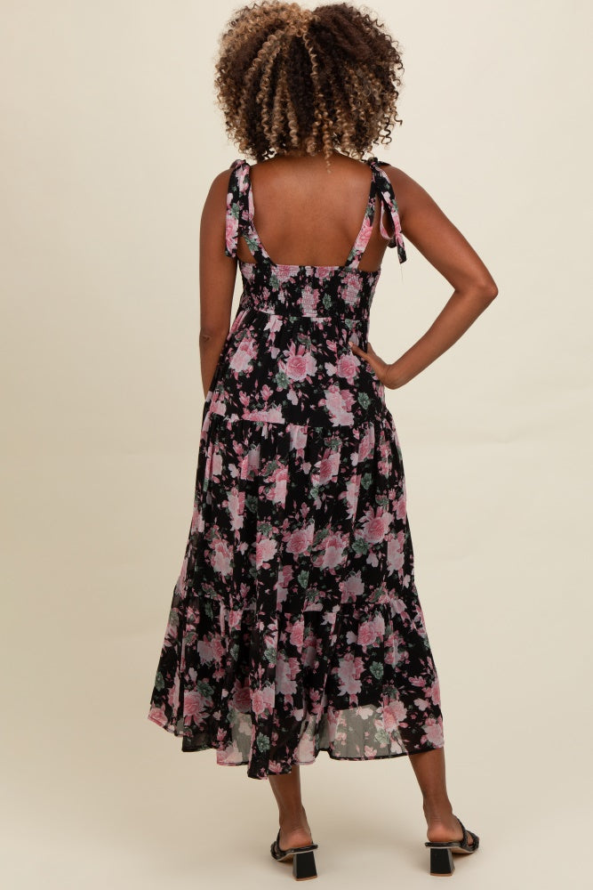 Black Floral Print Tie Strap Midi Dress PinkBlush