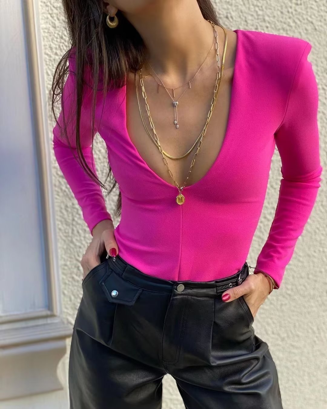 Women Clothing Sexy Four Color Deep V Plunge neck Padded Shoulder Close Fitting Inner Bodysuit Bella Mia