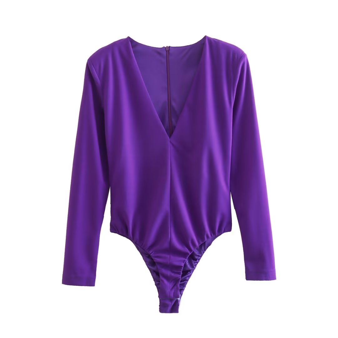 Women Clothing Sexy Four Color Deep V Plunge neck Padded Shoulder Close Fitting Inner Bodysuit Bella Mia