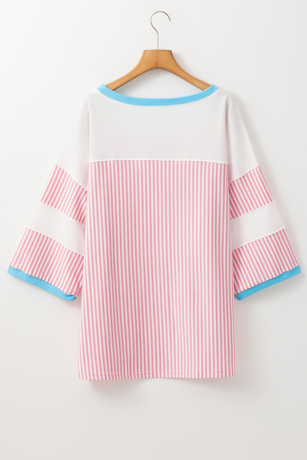 Chic white stripe patchwork plus size tee with bracelet sleeves