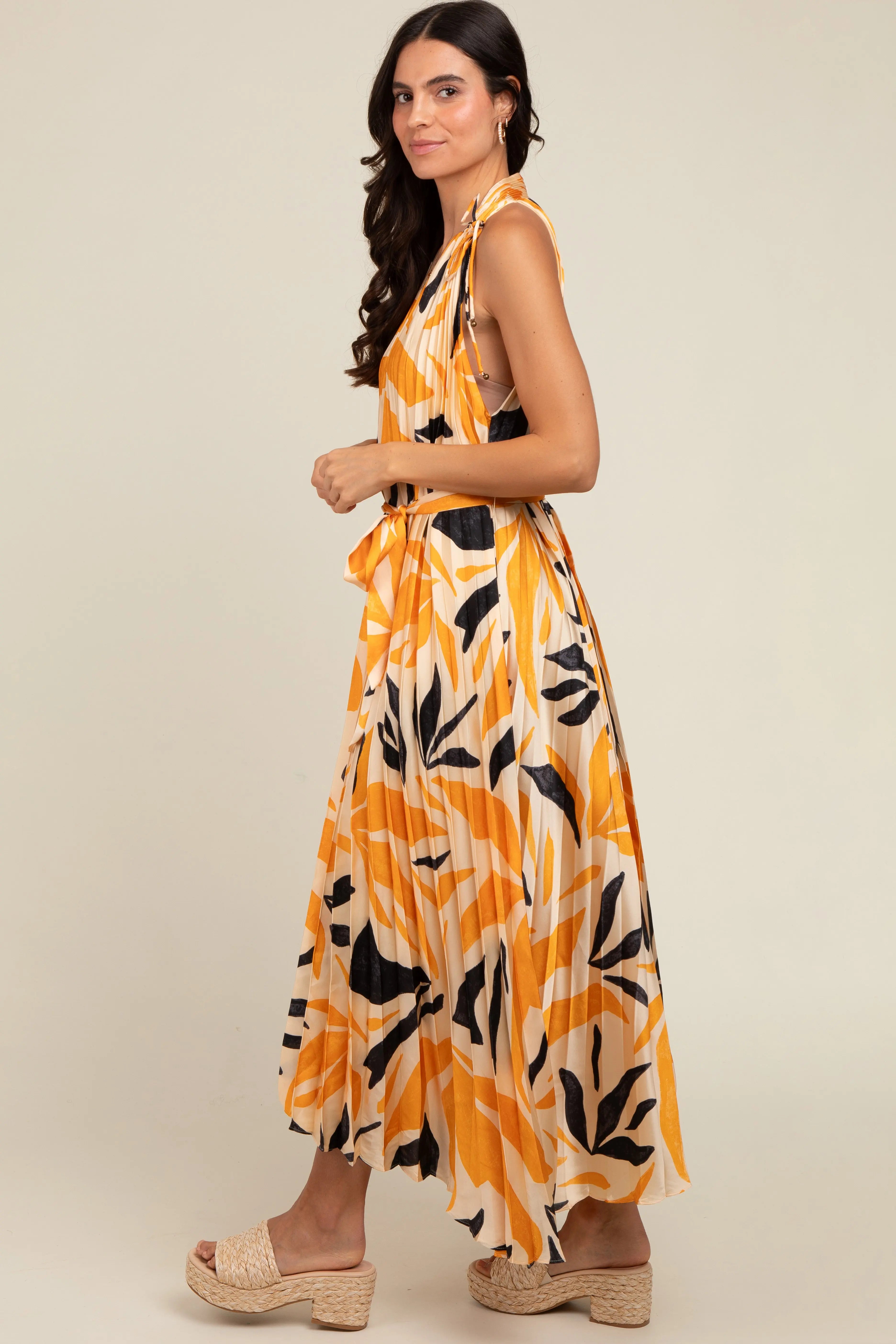 Cream Printed Pleated Maxi Dress PinkBlush
