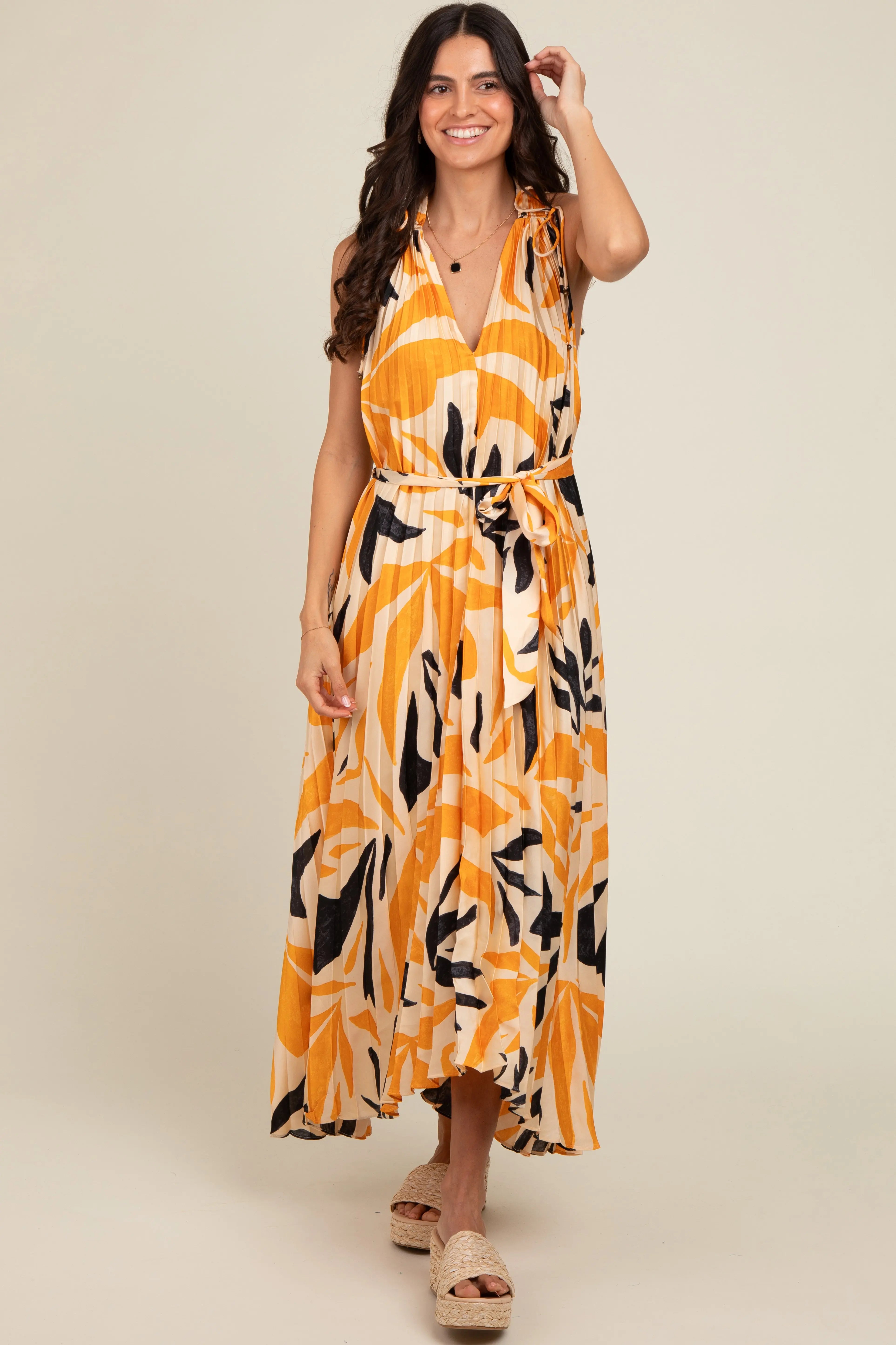 Cream Printed Pleated Maxi Dress PinkBlush