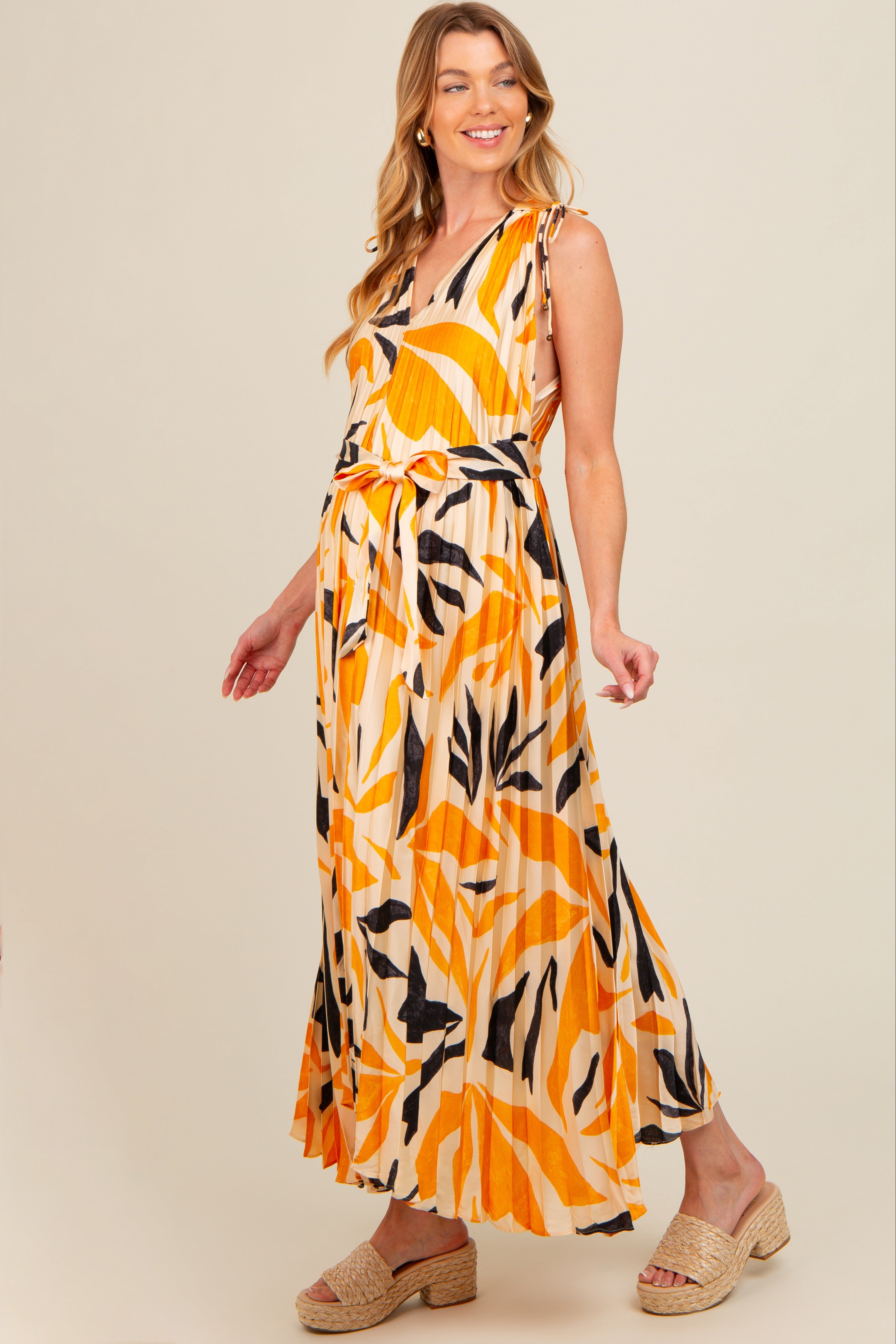 Cream Printed Pleated Maternity Maxi Dress PinkBlush