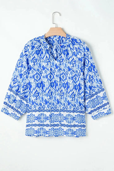 Printed Tie Neck Three-Quarter Sleeve Blouse