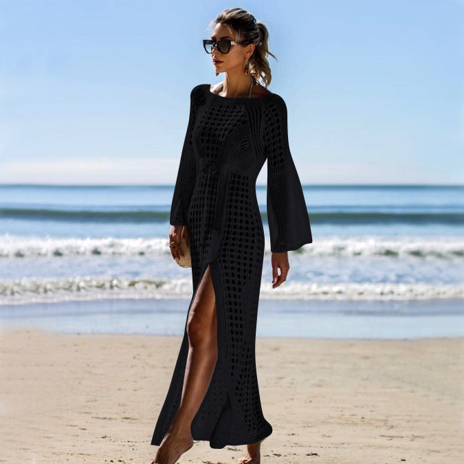 Sexy Cutout Knitted Beach Dress Long Sleeve Split Vacation Dress Swimsuit Blouse Sun Protection Clothing Crochet hook Bella Mia