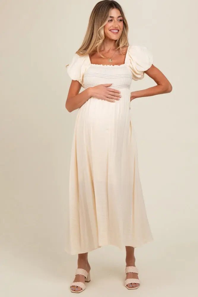 Cream Smocked Puff Sleeve Maternity Maxi Dress PinkBlush