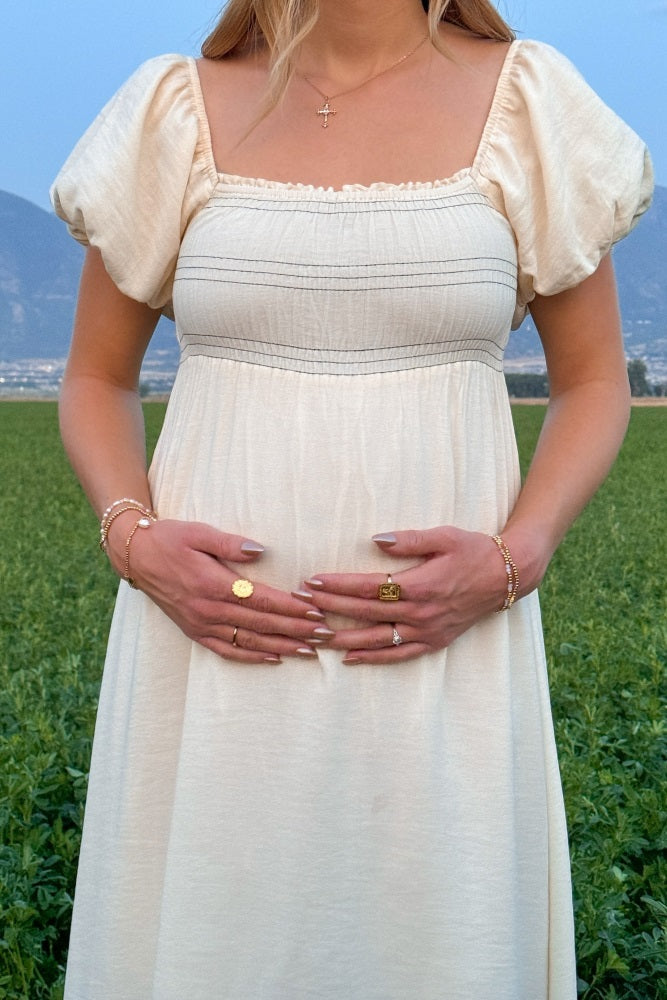 Cream Smocked Puff Sleeve Maternity Maxi Dress PinkBlush