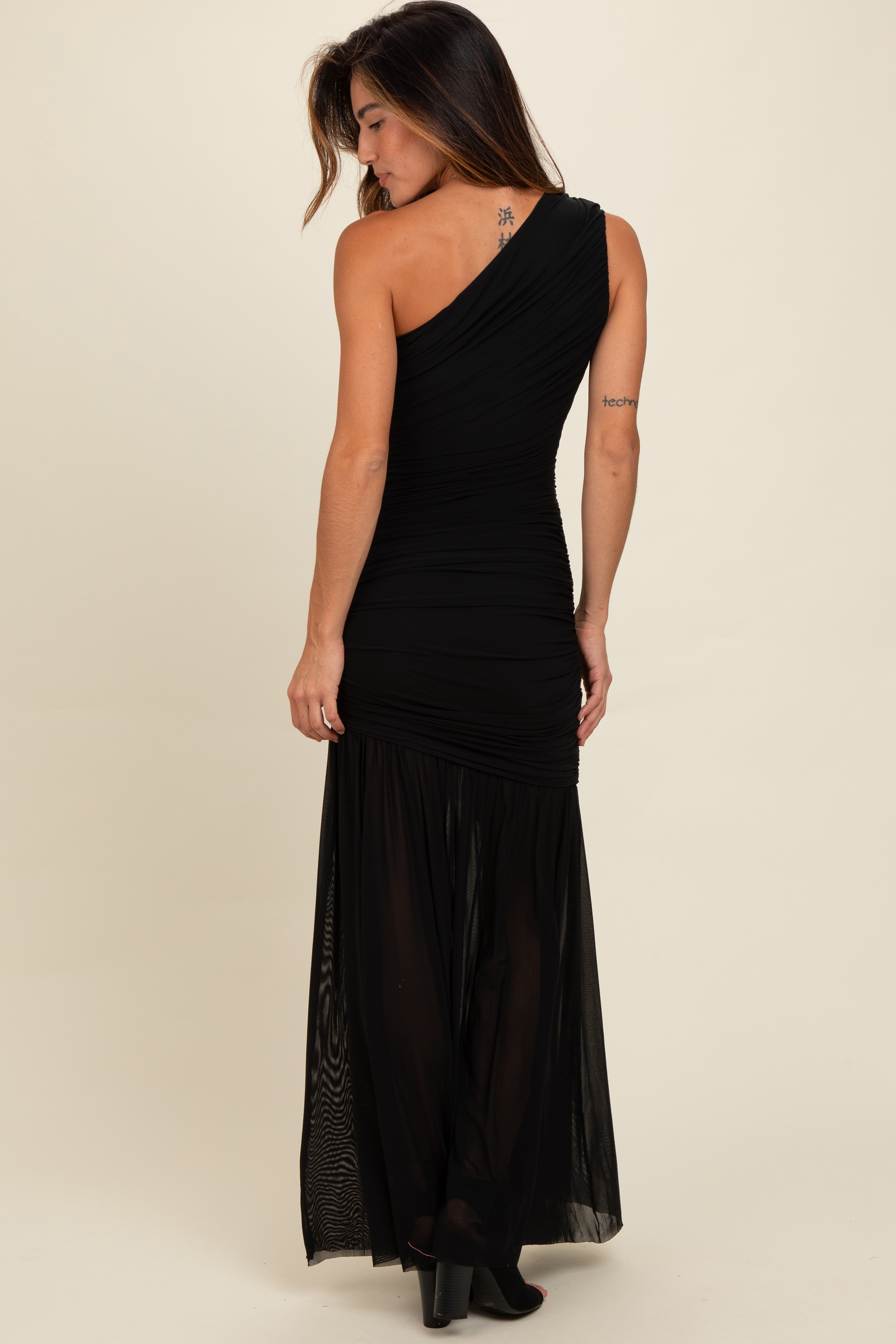 Black Ruched Mesh One Shoulder Maxi Dress PinkBlush