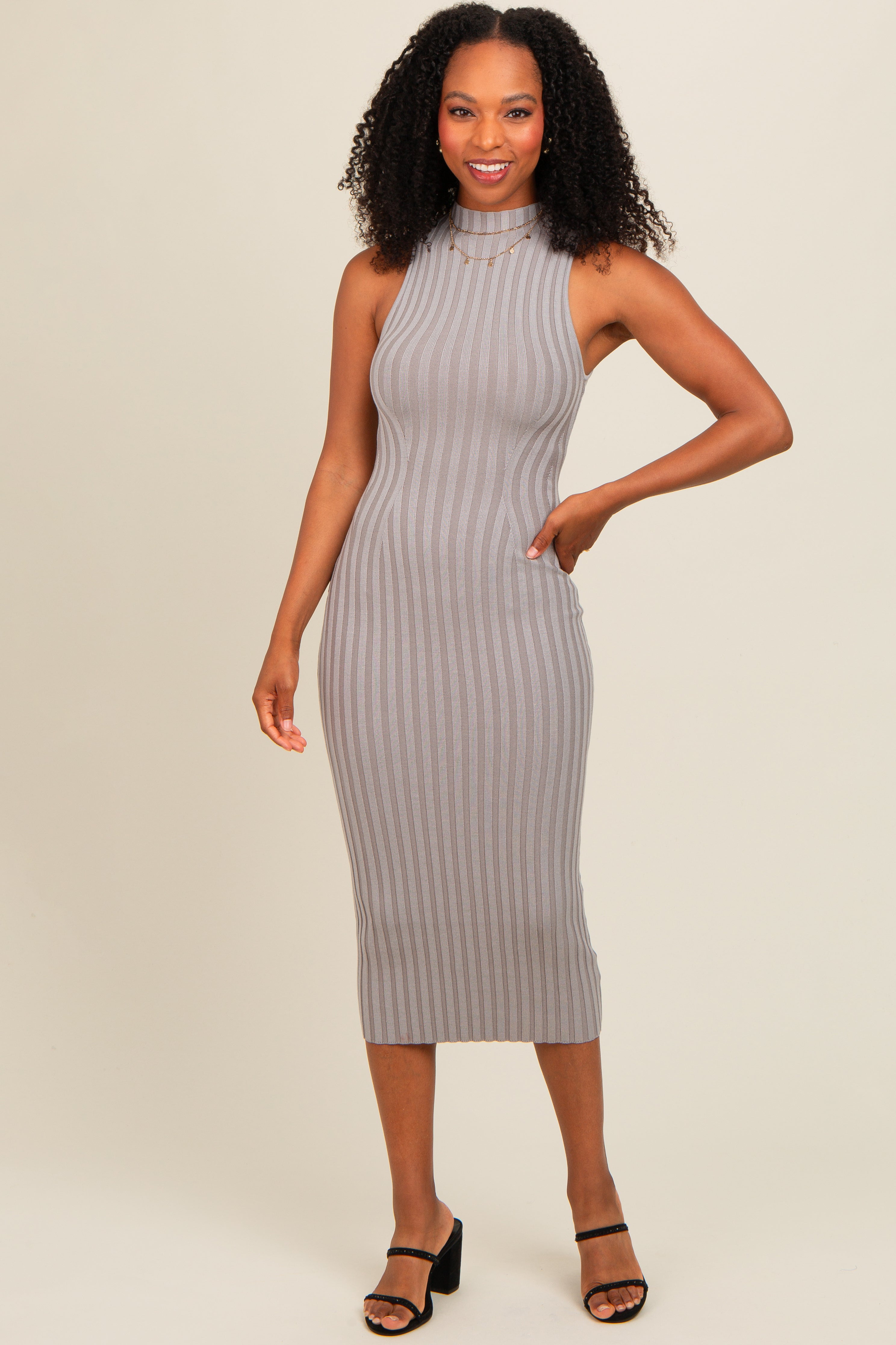 Grey Ribbed Knit Mock Neck Fitted Dress PinkBlush