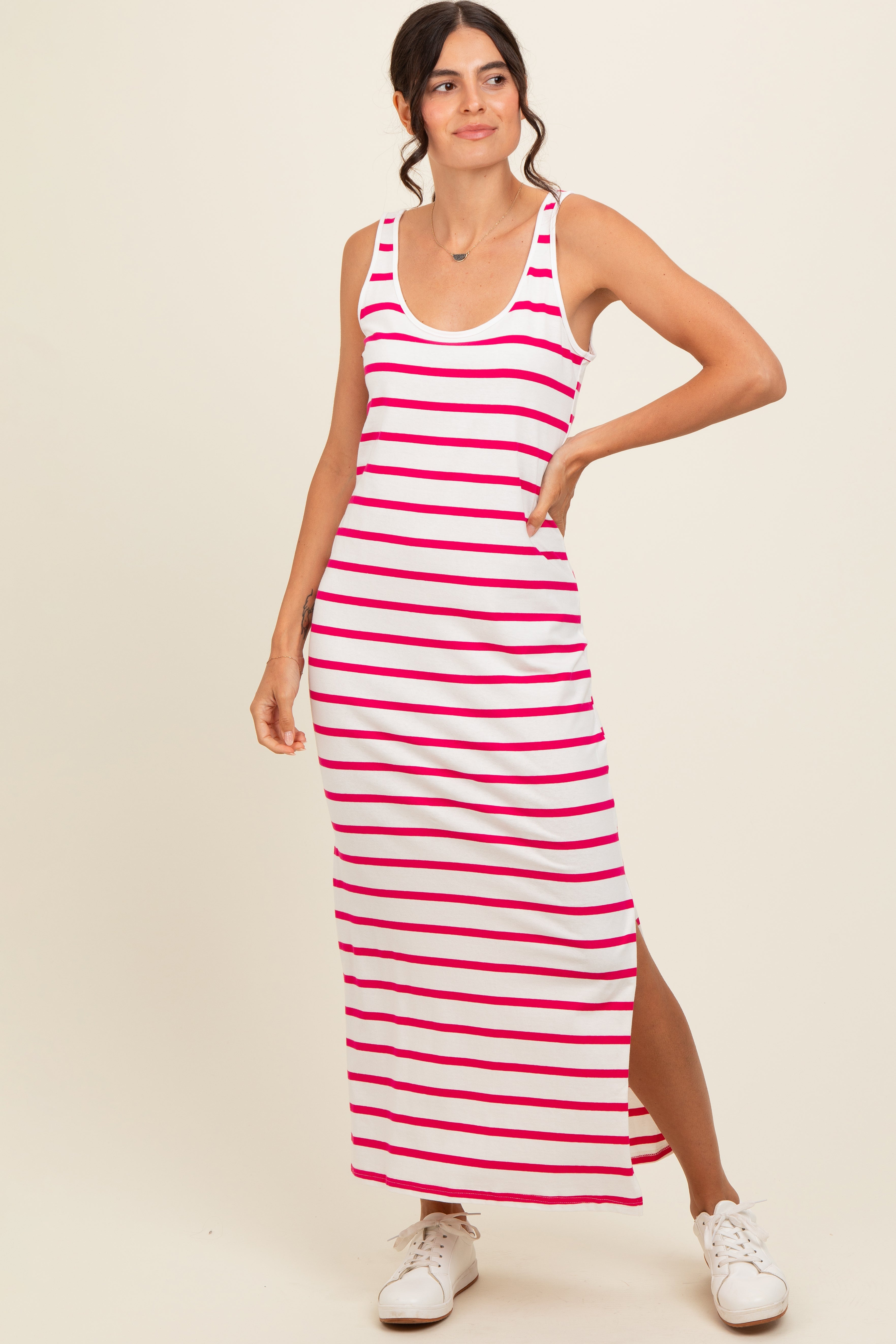 PinkBlush Fuchsia Striped Sleeveless Side Slit Maternity Maxi Dress - Full View