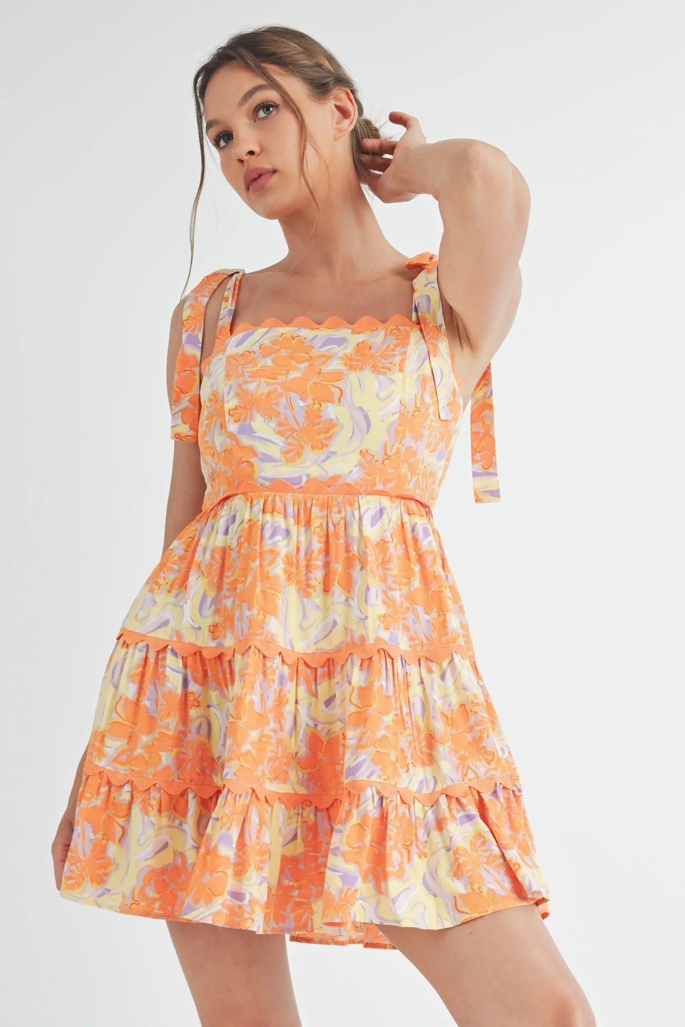 Orange Lavender Floral Tiered Scallop Trim Mini Dress PinkBlush