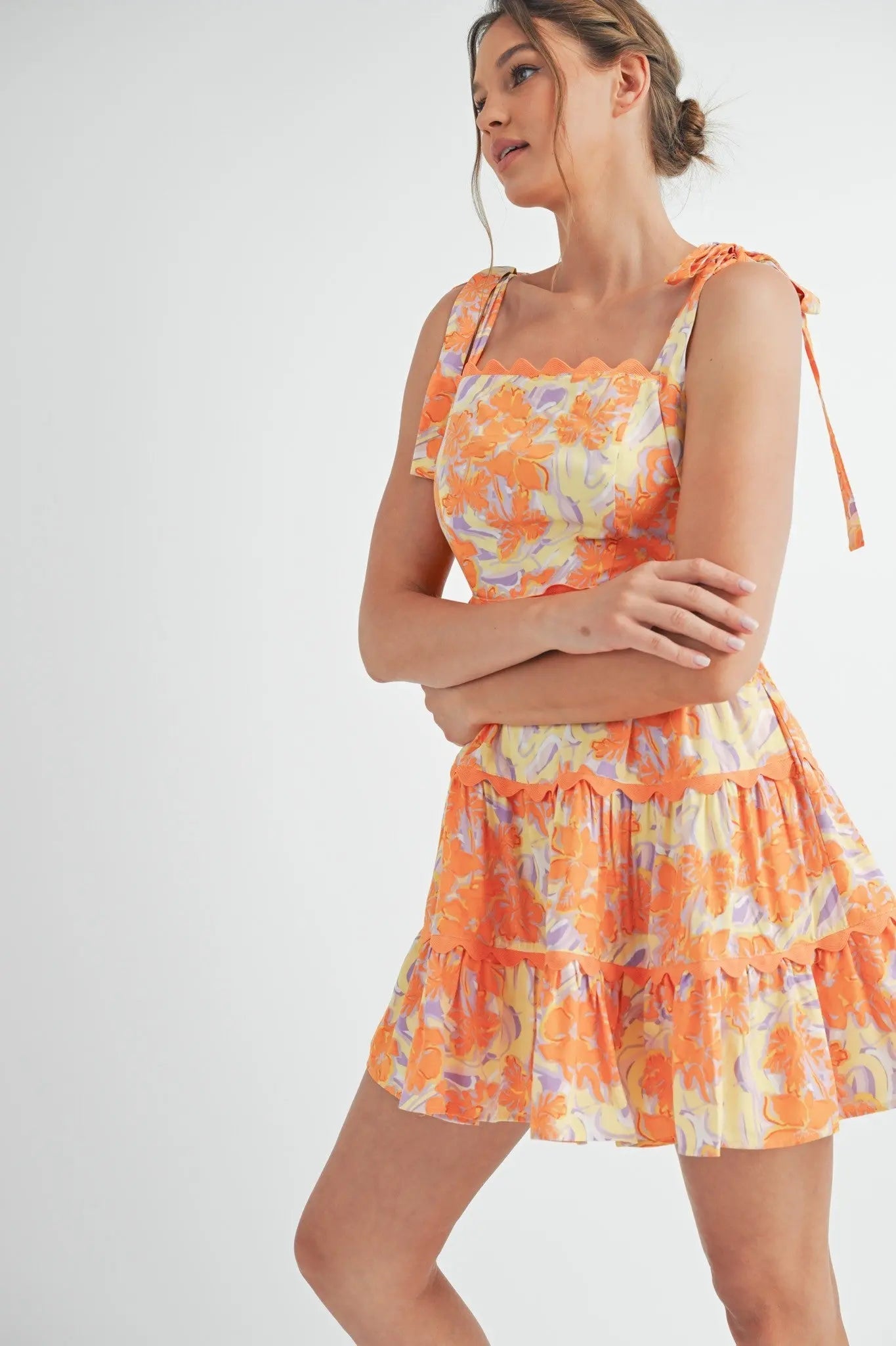 Orange Lavender Floral Tiered Scallop Trim Mini Dress PinkBlush