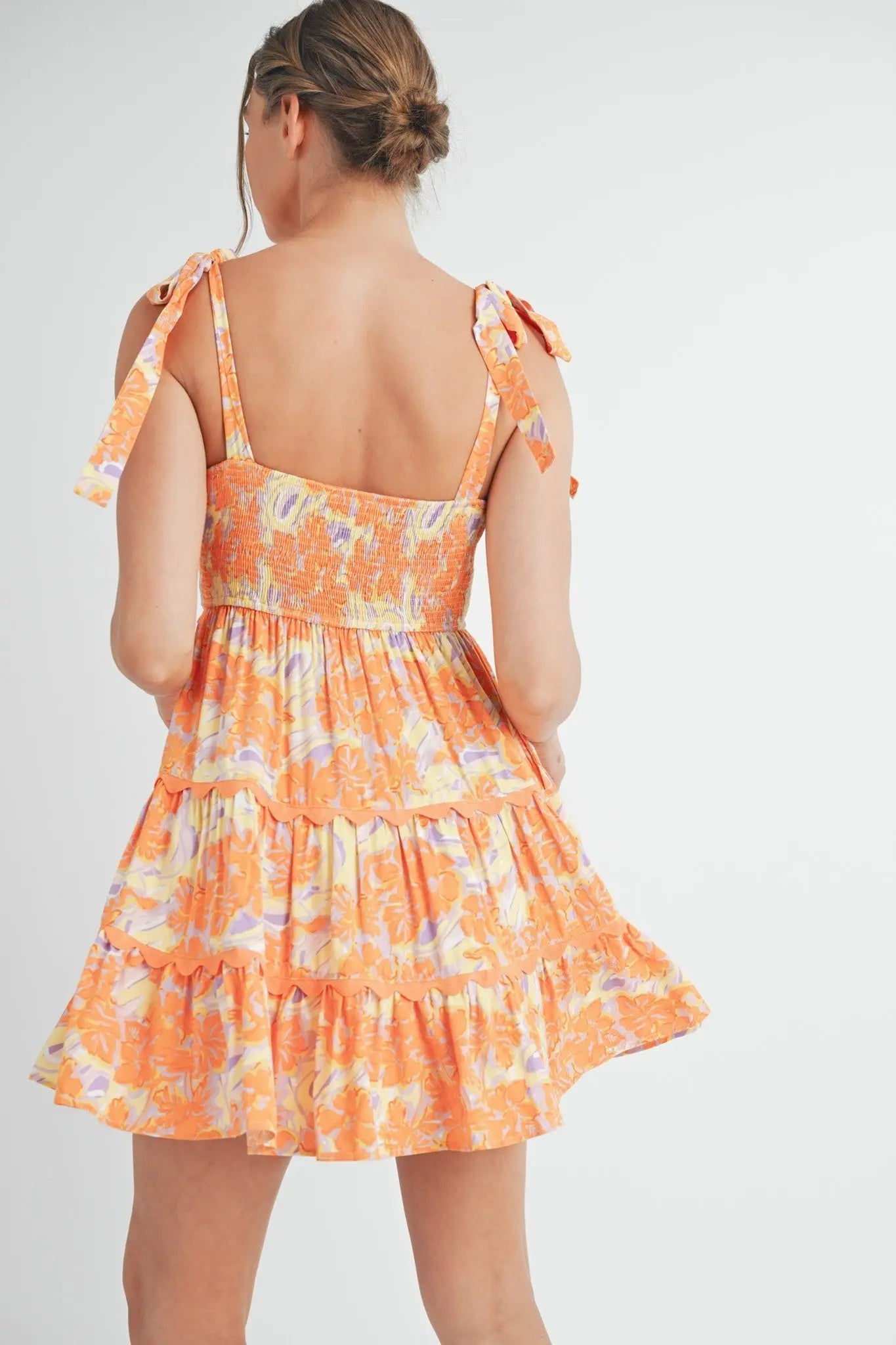 Orange Lavender Floral Tiered Scallop Trim Mini Dress PinkBlush