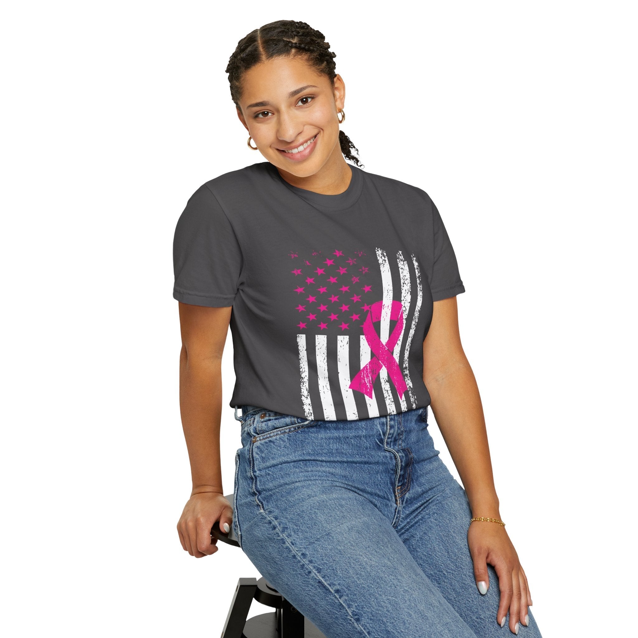Unisex Breast Cancer Awareness Flag Tee With Distressed US Flag And Pink Ribbon Garment Dyed In Graphite Or Black Coco’s Tee Boutique