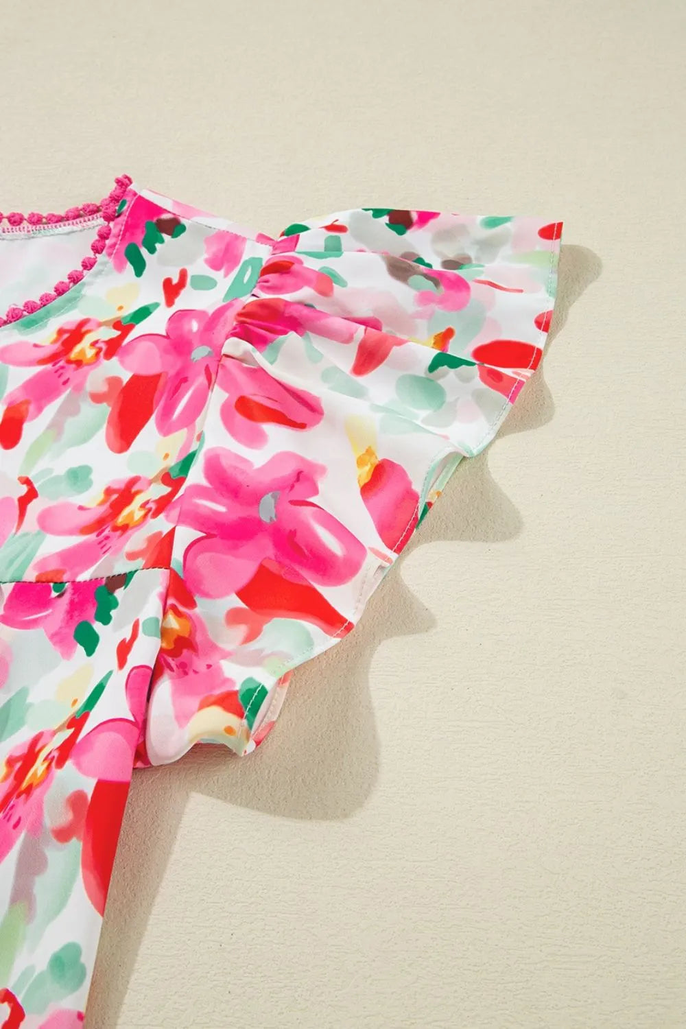 Floral Print Ruffle Sleeve Round Neck Blouse