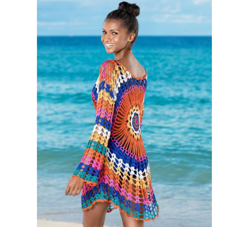 Crocheted Hollow Out Cutout Blouse Beach Knitted Blouse Long Sleeve Vacation Clothes Bikini Rainbow Sun Protection Clothing Crochet hook Bella Mia