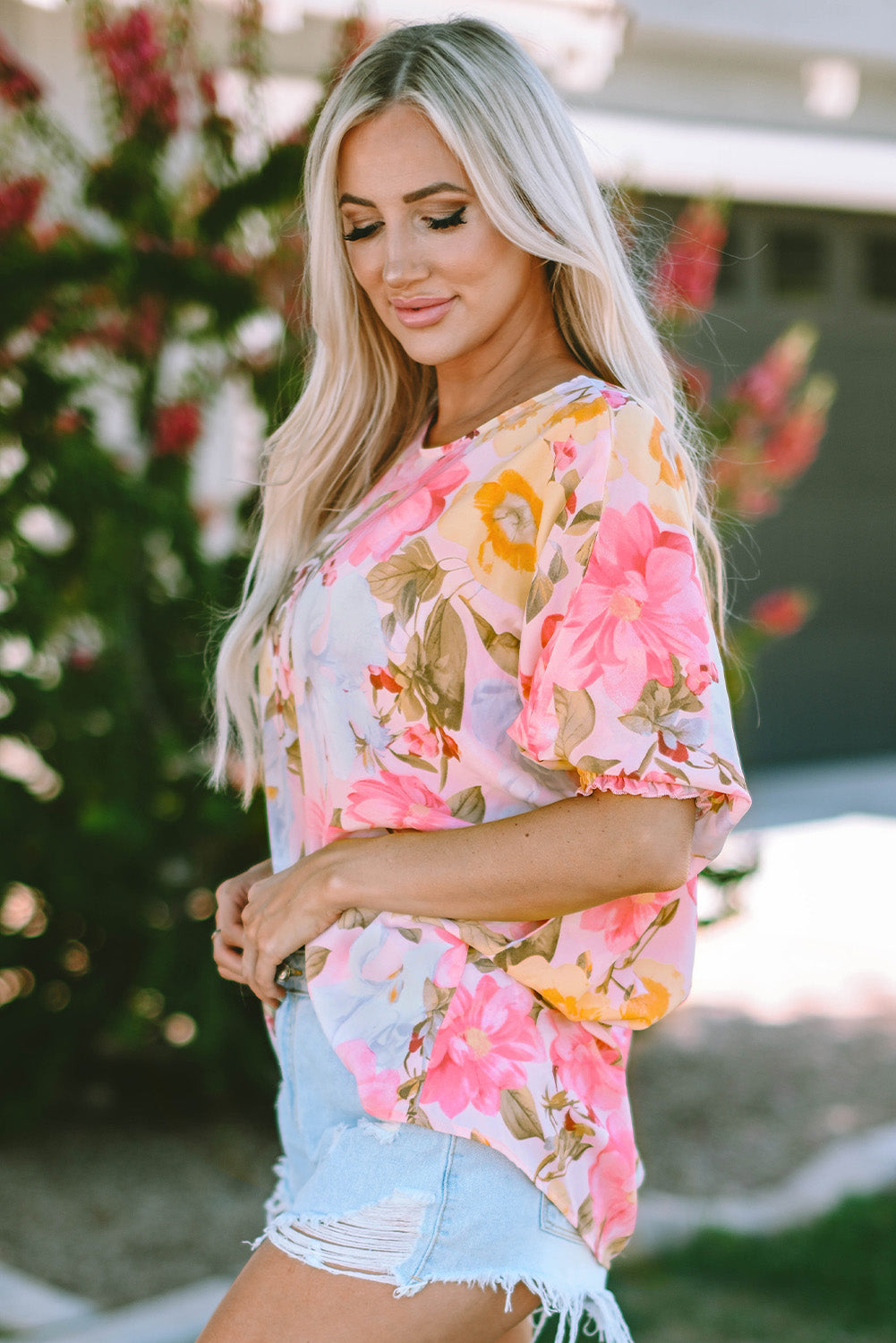 Floral Round Neck Three-Quarter Sleeve Top Coco’s Tee Boutique