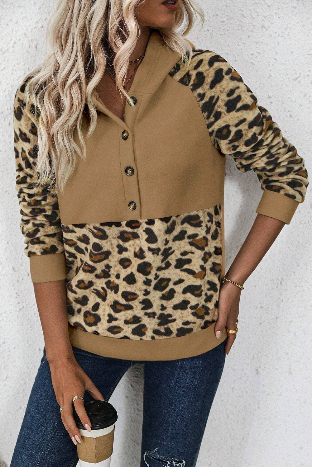 French beige leopard patchwork hoodie with half-button detail and raglan sleeves