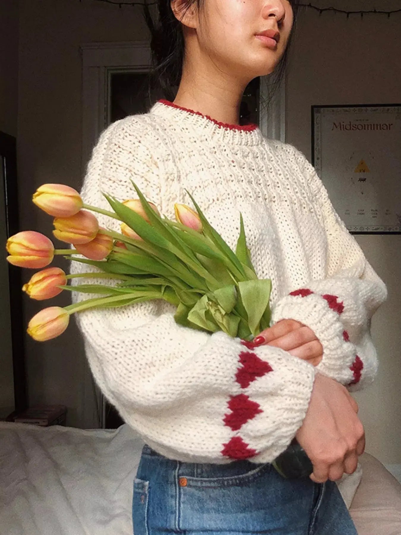 Contrast Trim Round Neck Sweater Simply Love