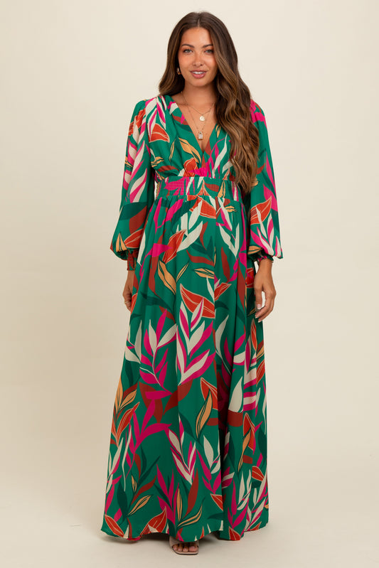 Forest Green Leaf Print Deep V-Neck Maternity Maxi Dress PinkBlush