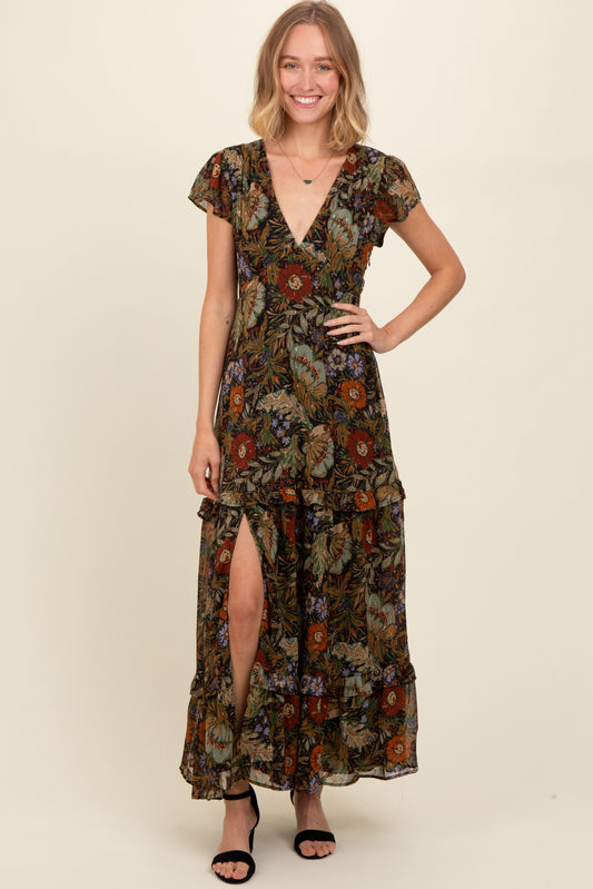 PinkBlush Black Floral Deep V-Neck Tiered Maxi Dress, showcasing its elegant design and flowing silhouette for quality appare