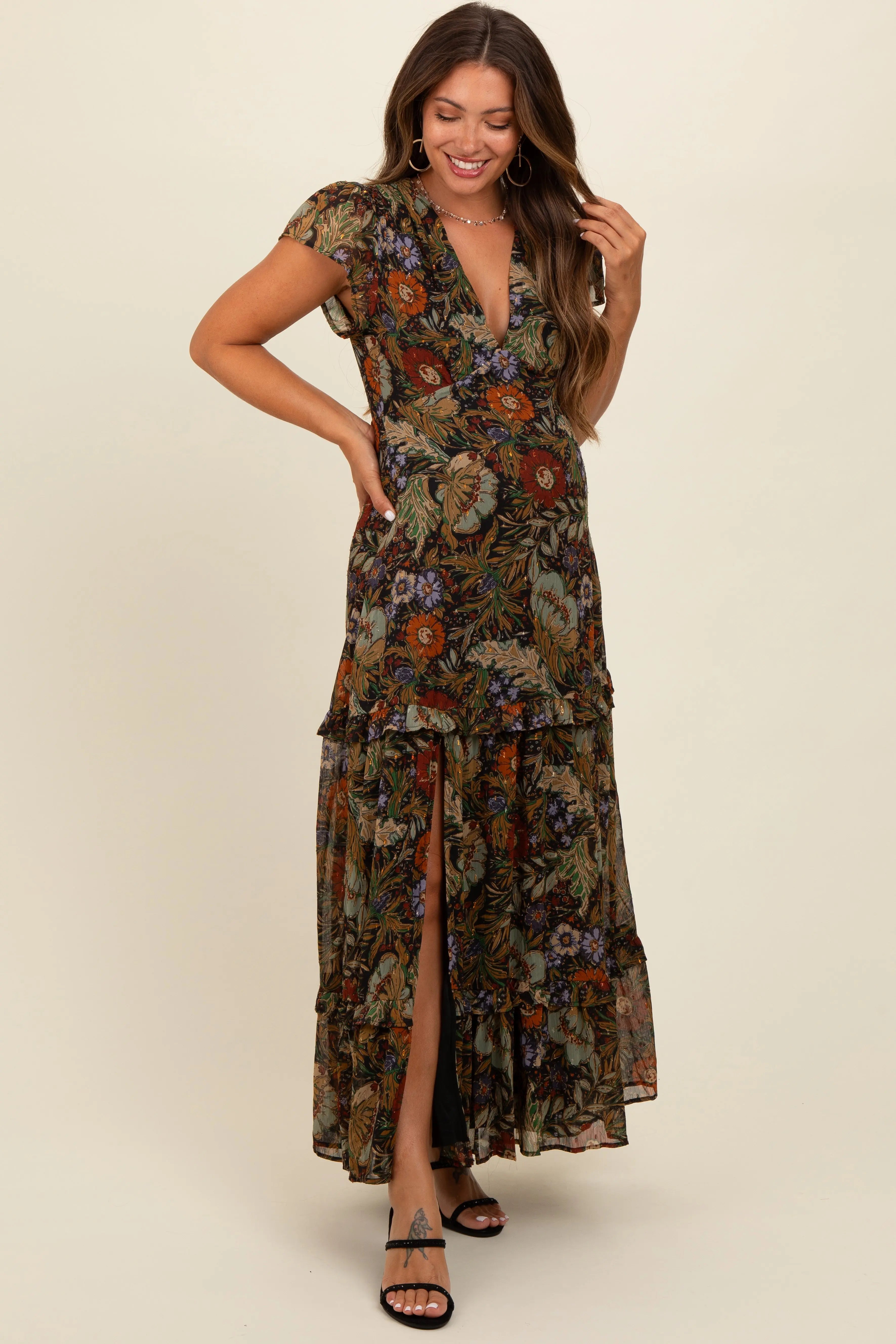 Black Floral Deep V-Neck Tiered Maternity Maxi Dress PinkBlush